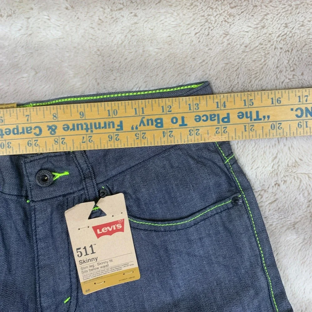 Levis 511‎ Skinny Fit Coated Indigo Neon Green Stitch Jeans 16 Reg 28x28 NEW